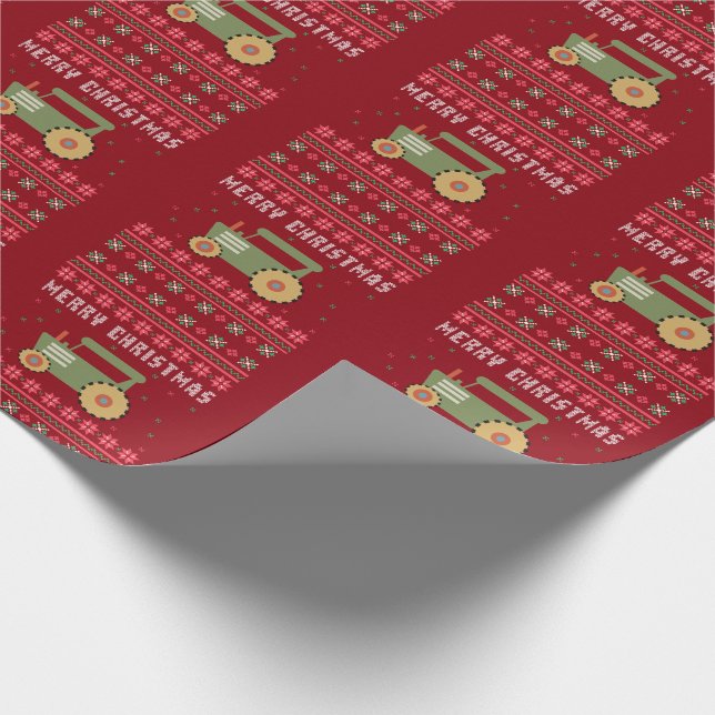 Green Tractor Ugly Christmas Sweater Wrapping Paper (Corner)