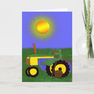 Green Tractor with Fishing Pole by Pond Card