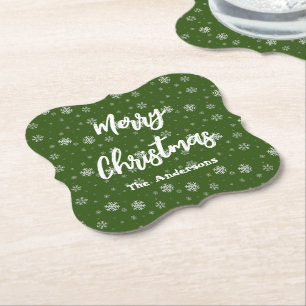Green Traditional Modern Elegant Merry Christmas Paper Coaster