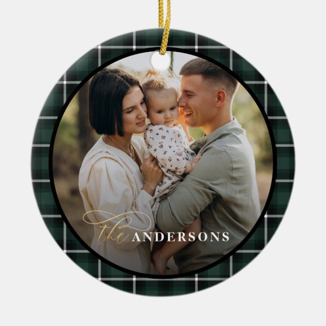 Green traditional tartan personalised christmas ceramic tree decoration (Front)
