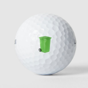 Green trash bin golf balls