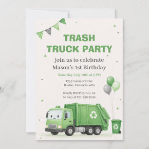 Green Trash Truck 1st Birthday Party Invitation