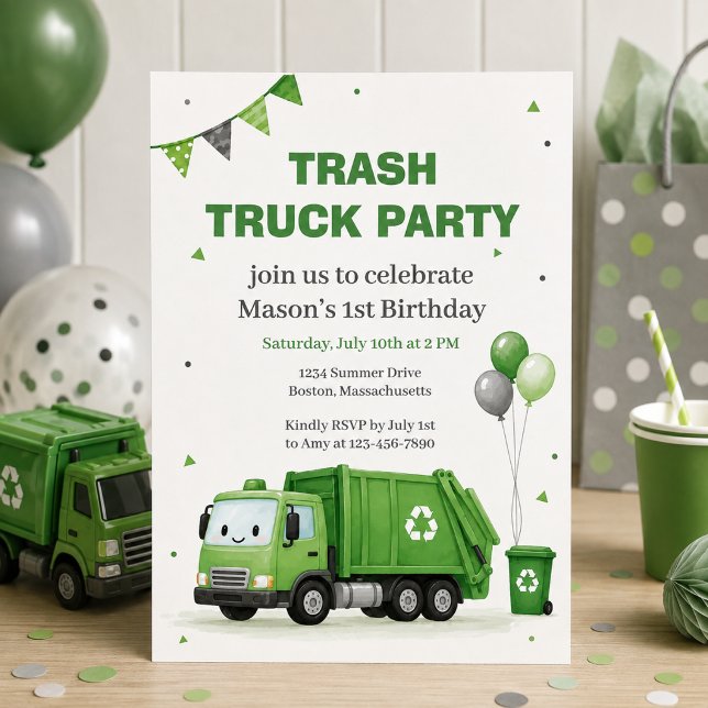 Green Trash Truck 1st Birthday Party Invitation (Creator Uploaded)