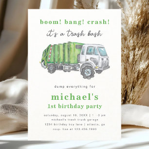 Green Trash Truck Boy's 1st Birthday Invitation