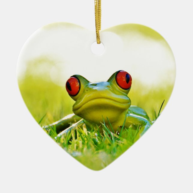 Green Tree Frog In The Grass Ceramic Ornament (Front)