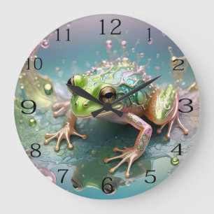 Green Tree Frog Reflections Fractal Art, Large Clock