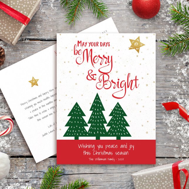 Green Tree Gold Star Days Be Merry Bright Script Holiday Postcard (Creator Uploaded)