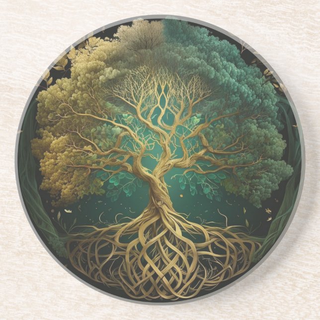 Green Tree of Life with Golden Branches and Roots Coaster (Front)