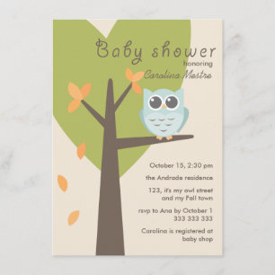 Green Tree Orange Leaves Blue Owl Fall Baby Shower Invitation