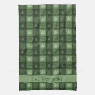Green Tree Plaid With Custom Family Name Christmas Tea Towel