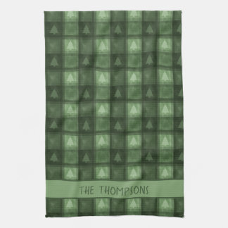 Green Tree Plaid With Custom Family Name Christmas Tea Towel