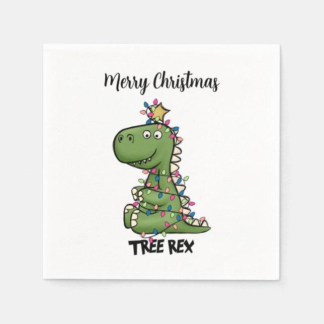 Green Tree Rex Dino Lights Merry Christmas Paper Napkin (Front)