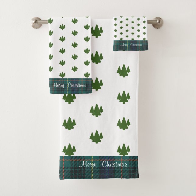 Green Trees Merry Christmas  Bath Towel Set (Insitu)