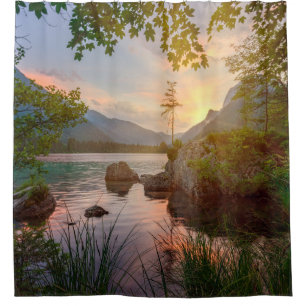 GREEN TREES NEAR BODY OF WATER DURING DAYTIME SHOWER CURTAIN