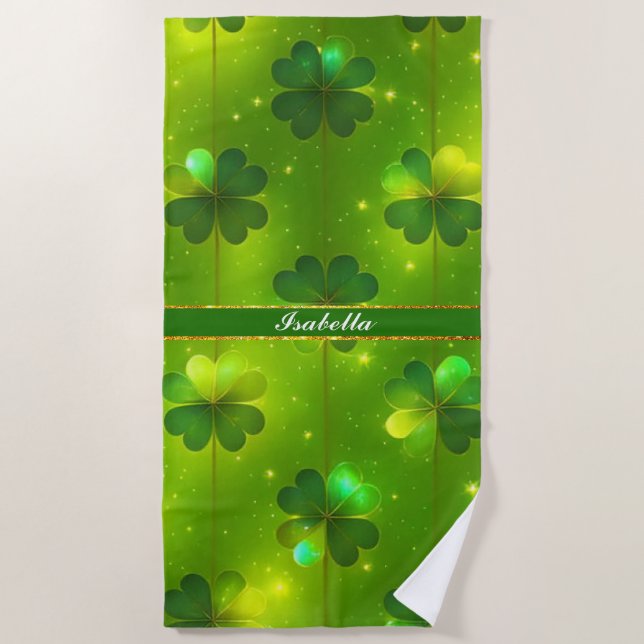 Green Trendy St Patrick's Day Clover Collection Beach Towel (Front)