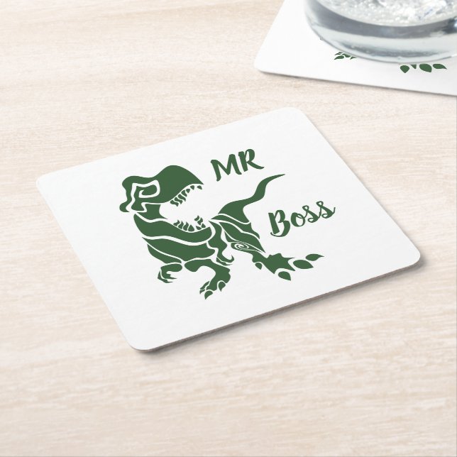 Green Trex the Boss Dino Square Paper Coaster (Angled)