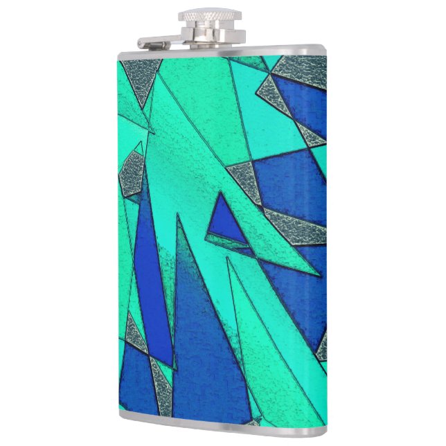 Green triangular cutouts on blue background, rough hip flask (Left)