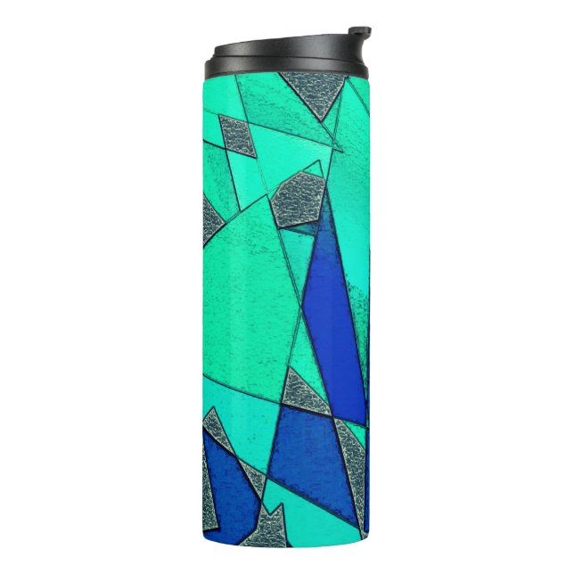 Green triangular cutouts on blue background, rough thermal tumbler (Rotated Left)