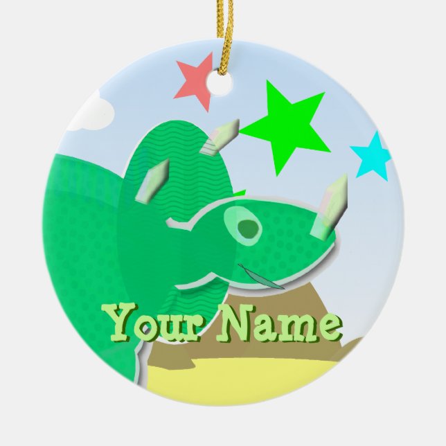 Green Triceratops Cartoon Dinosaur Name Ornament (Front)