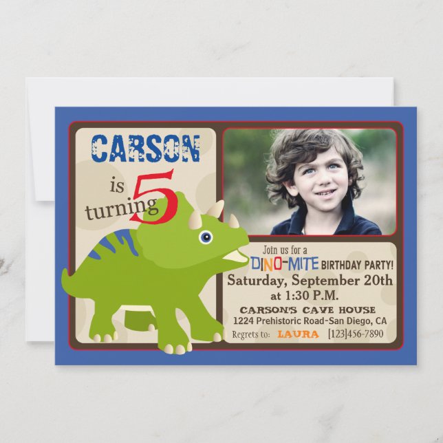 Green Triceratops Dinosaur Fifth Birthday Invitation (Front)