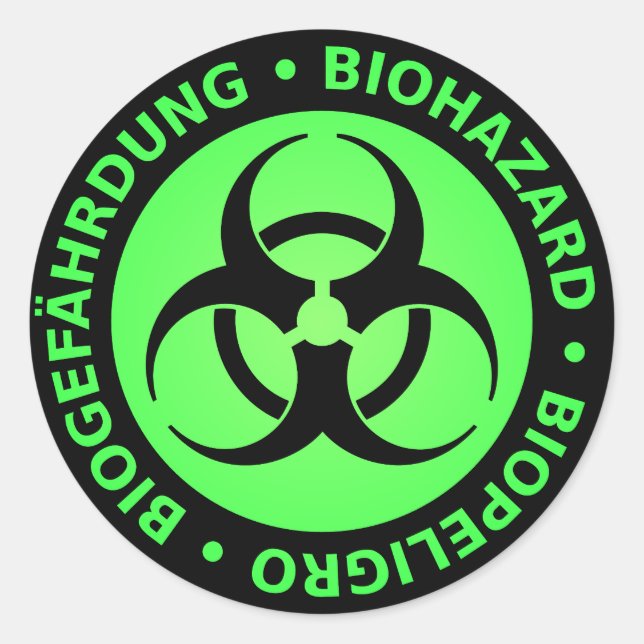 Green Trilingual Biohazard Warning Classic Round Sticker (Front)