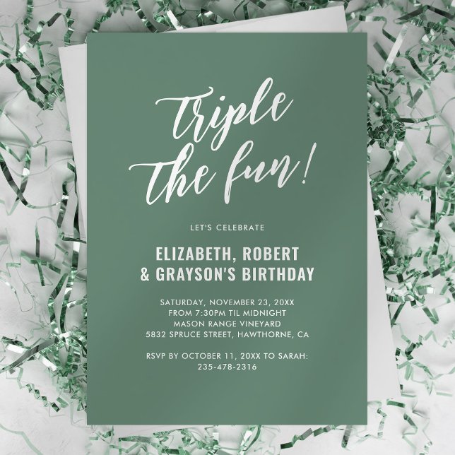Green Triple the Fun Birthday Invitation (Creator Uploaded)