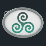 Green Triskele Ancient Celtic Symbol Belt Buckle<br><div class="desc">Green Triskele symbol. The Triskele or Triskelion symbol consists of three interlocked spirals or three arms as if it is moving from its centre. This Celtic symbol of movement or action represents the three worlds; the celestial,  physical,  and spiritual.</div>
