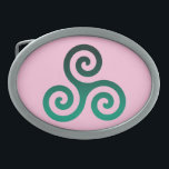 Green Triskele Ancient Celtic Symbol Pastel Pink Belt Buckle<br><div class="desc">Green Triskele symbol. The Triskele or Triskelion symbol consists of three interlocked spirals or three arms as if it is moving from its centre. This Celtic symbol of movement or action represents the three worlds; the celestial,  physical,  and spiritual.</div>
