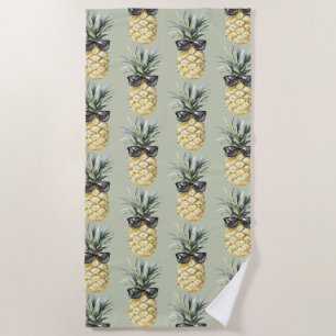 Green Tropical Aloha Pineapple with Sunglasses Beach Towel