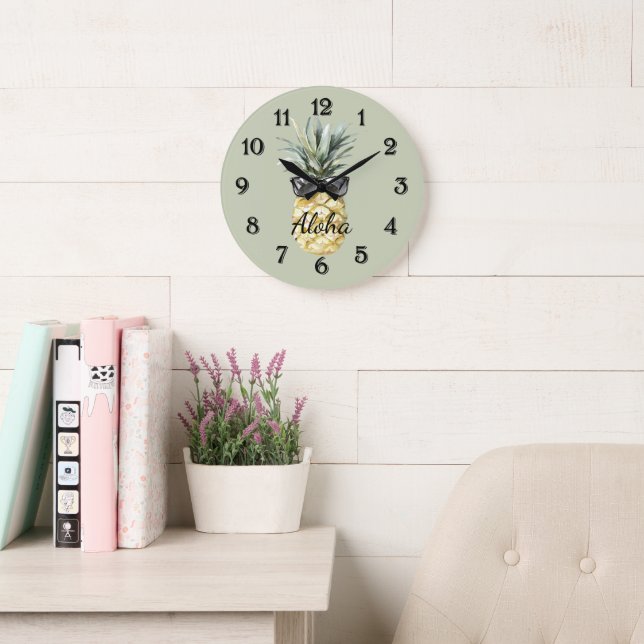 Green Tropical Aloha Pineapple with Sunglasses Large Clock (Reading Room)