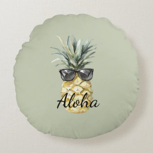 Green Tropical Aloha Pineapple with Sunglasses Round Cushion