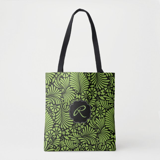 Green Tropical Damask Pattern with Monogram Tote Bag (Front)