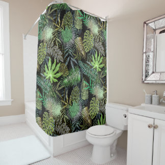 Green Tropical Ferns on Black Background Shower Curtain