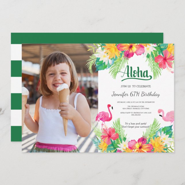 Green | Tropical Flamingo Luau  Photo Birthday Invitation (Front/Back)