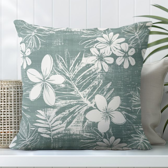 Green Tropical Flowers Throw Pillow (Creator Uploaded)