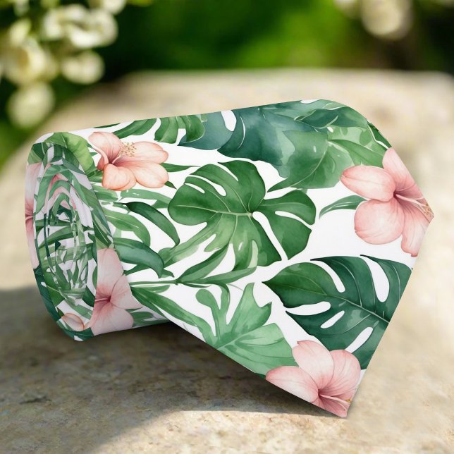 Green Tropical Foliage Pink Hibiscus Flowers Art Tie (Creator Uploaded)
