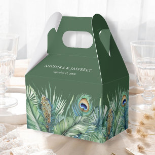Green Tropical Indian Peacock Feathers Wedding Favour Box