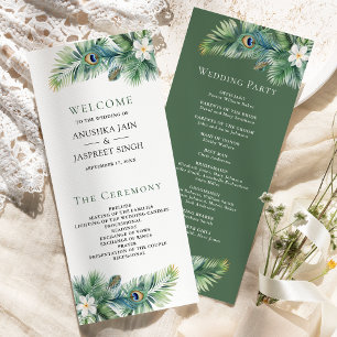 Green Tropical Indian Peacock Feathers Wedding Programme