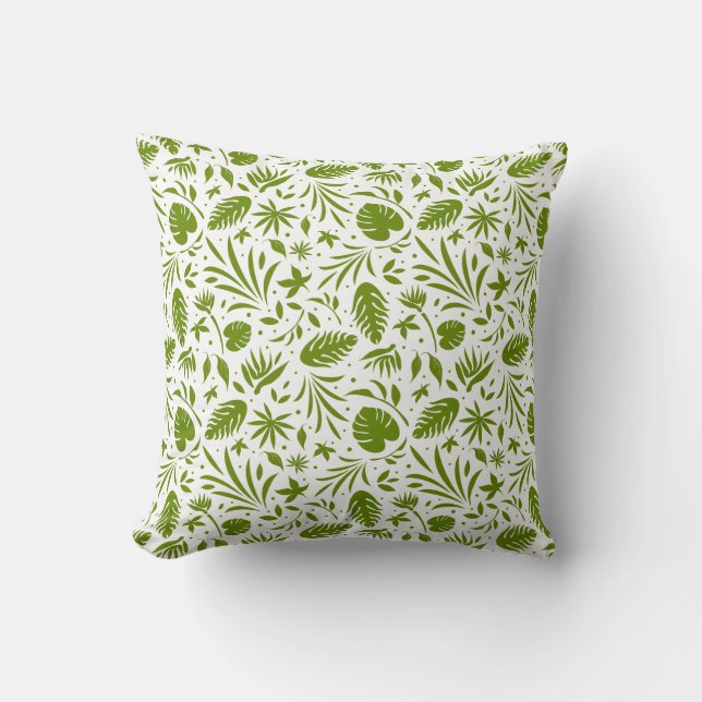 Green Tropical Jungle Leaf Print Cushion (Front)