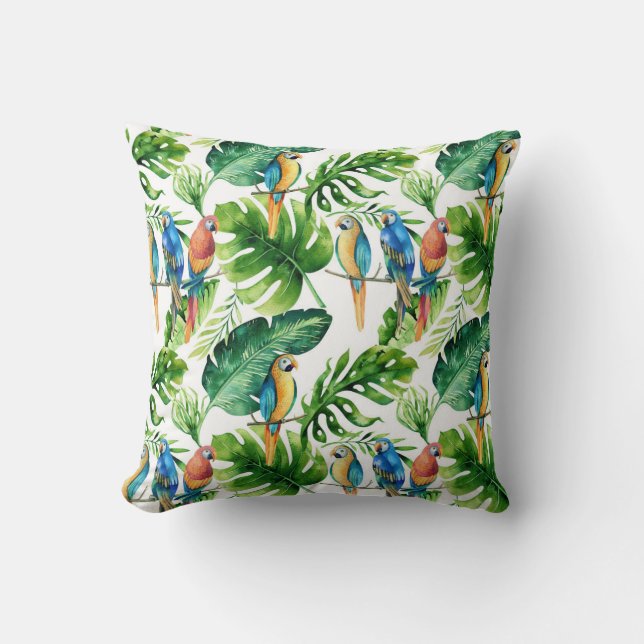 Green Tropical Jungle Rain Forest Leaves Parrots Cushion (Front)