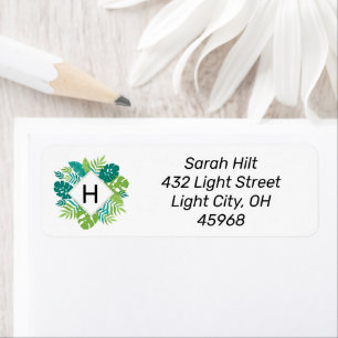 Green Tropical Leaf Monogram Address Return