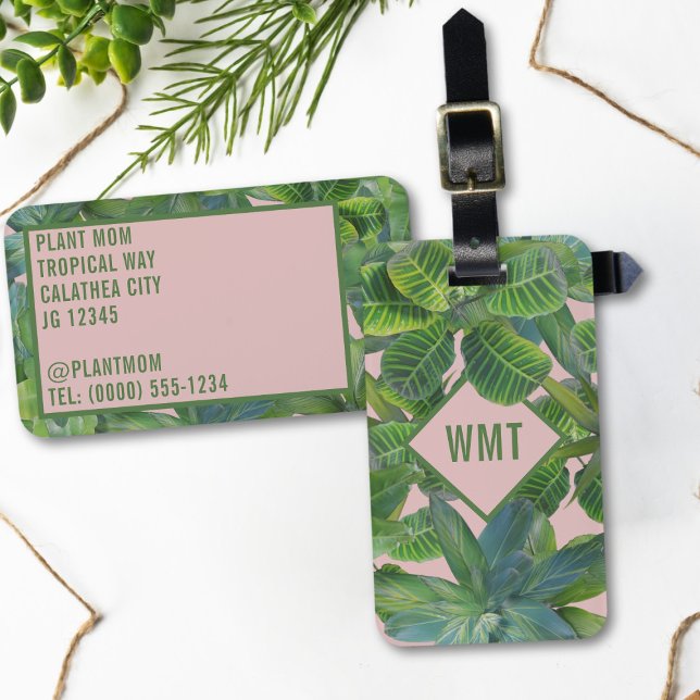 Green Tropical Leaf Monogram Pink Luggage Tag (Don't be a wallflower, rock this botanical beauty on your next adventure.)
