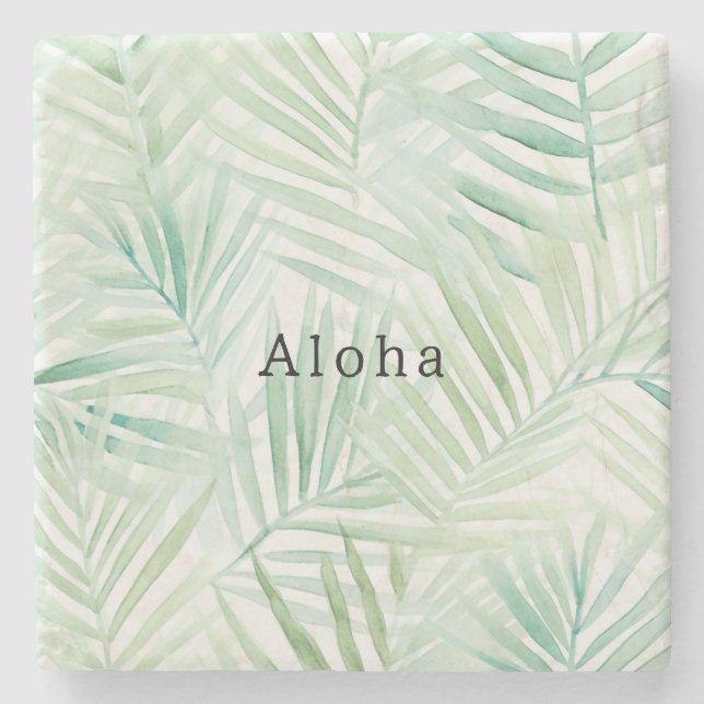 Green Tropical Leaves Aloha Stone Coaster (Front)