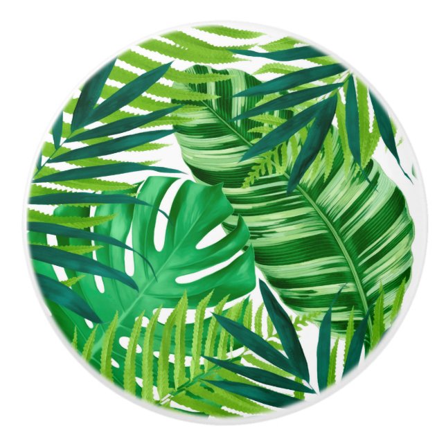 Green tropical leaves ceramic knob (Front)