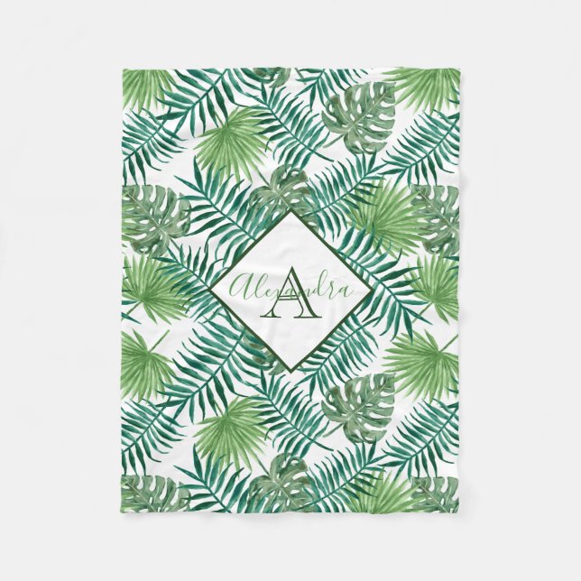 Green Tropical Leaves Fleece Blanket (Front)