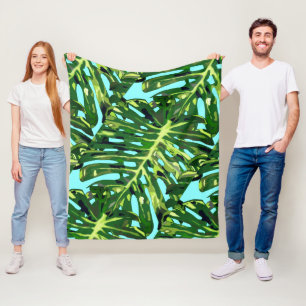 Green Tropical Leaves Fleece Blanket