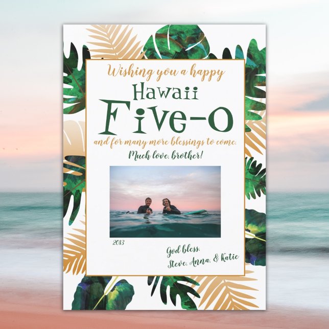 Green Tropical Leaves Hawaii Five-0 50th Birthday Invitation (hawaii 5-0 five-o 50th birthday greeting card tropical leaves green gold)