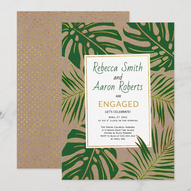 Green tropical leaves kraft paper engagement party invitation (Front/Back)