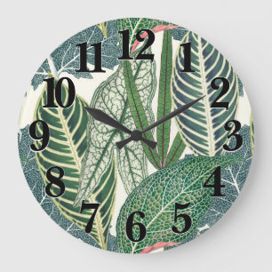 Green Tropical Leaves Large Clock