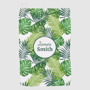 Green Tropical Leaves Monogram Name Golf Towel